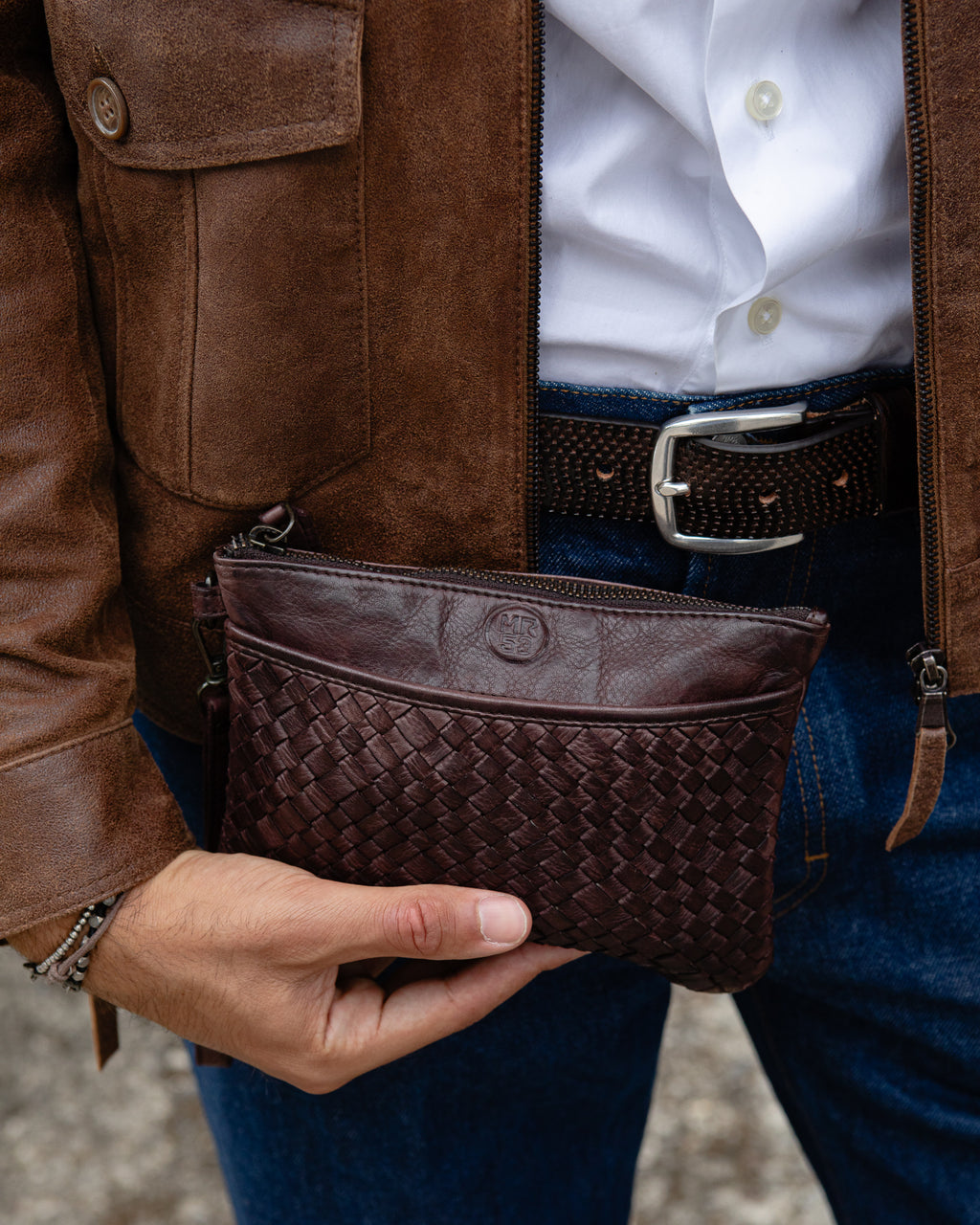 Pochette uomo Selvino in pelle con tasca intrecciata